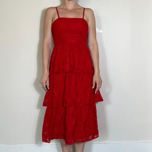 Lulus Grace and Beauty Red Burnout Floral Print Tiered Dress Size XS - Picture 3 of 7